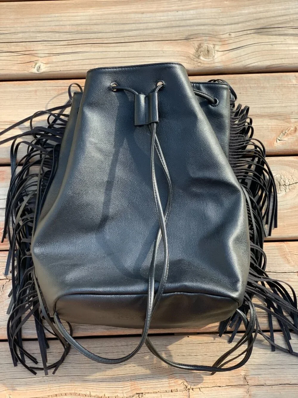 Victoria’s Secret Black Fringe Backpack Faux Leather Drawstring Bucket Bag Purse